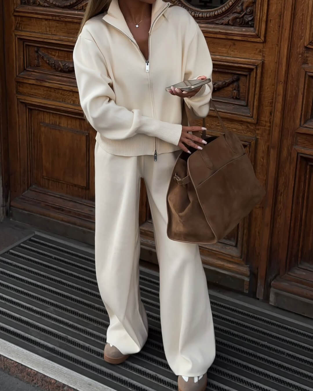 Ensemble de Veste Tricotée Zippée et Pantalon à Jambes Larges