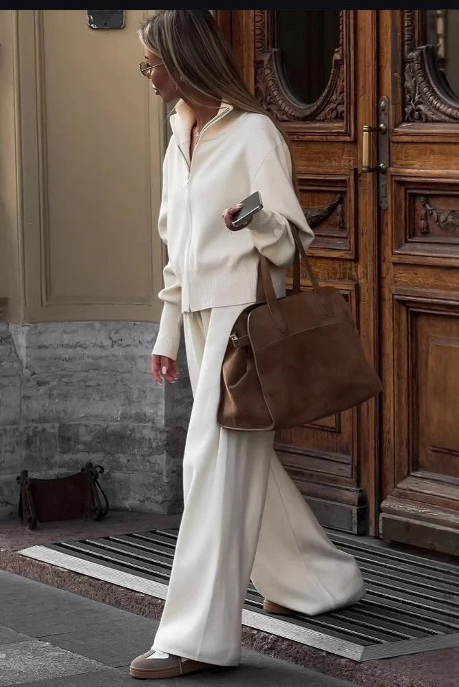 Ensemble de Veste Tricotée Zippée et Pantalon à Jambes Larges