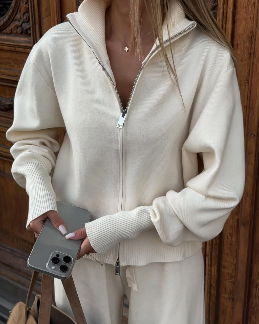 Ensemble de Veste Tricotée Zippée et Pantalon à Jambes Larges