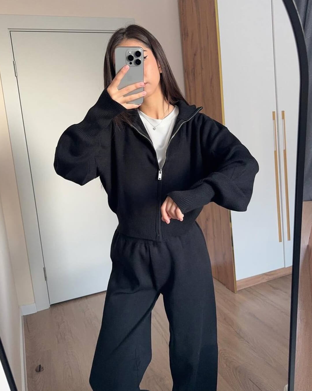 Ensemble de Veste Tricotée Zippée et Pantalon à Jambes Larges
