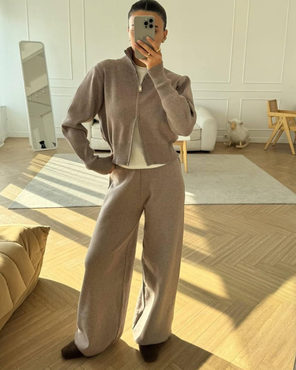 Ensemble de Veste Tricotée Zippée et Pantalon à Jambes Larges