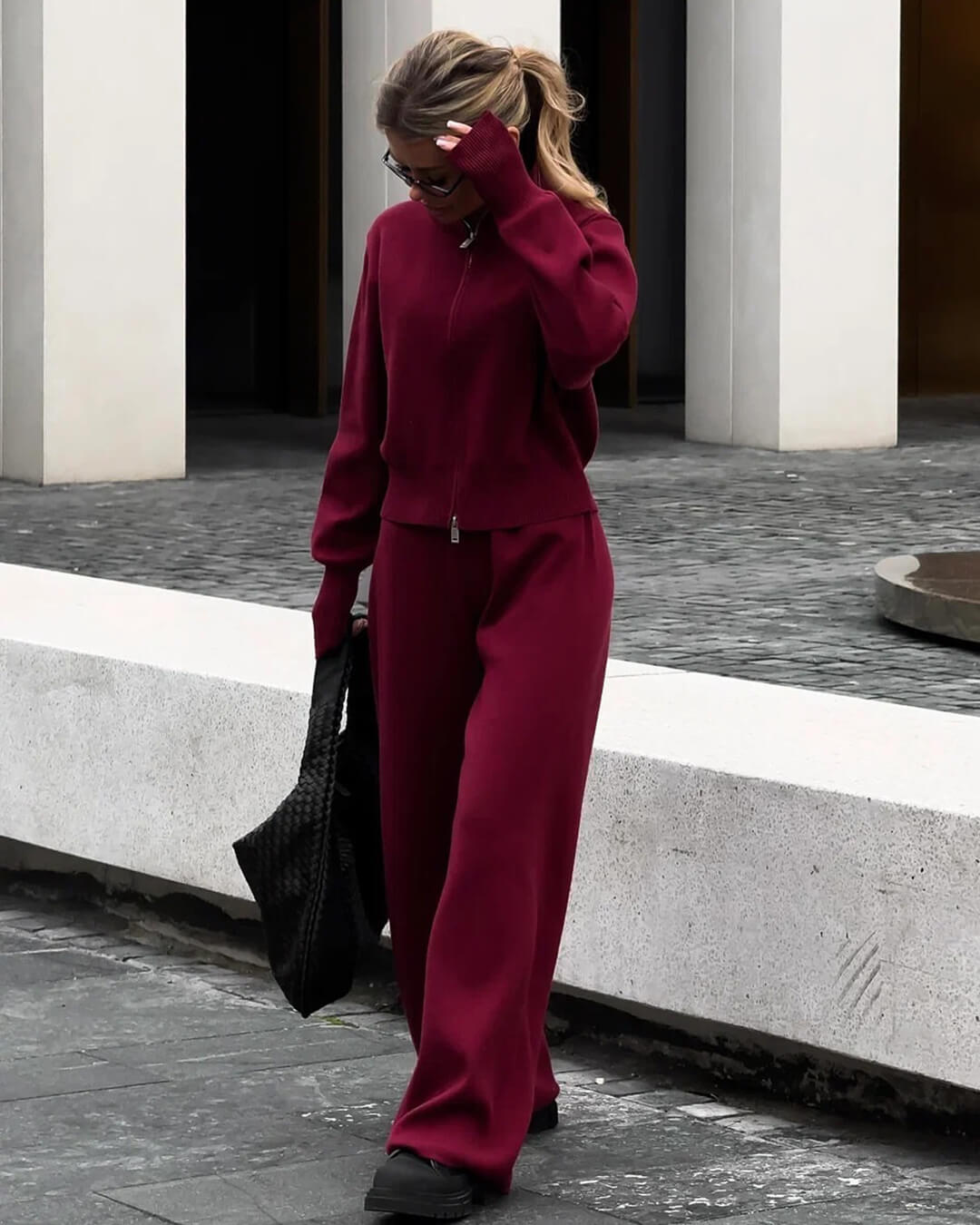 Ensemble de Veste Tricotée Zippée et Pantalon à Jambes Larges